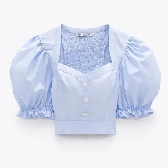 NWT Zara PEARL BUTTON CROP TOP Size XS Blue 7755/485/406 - Picture 2 of 8